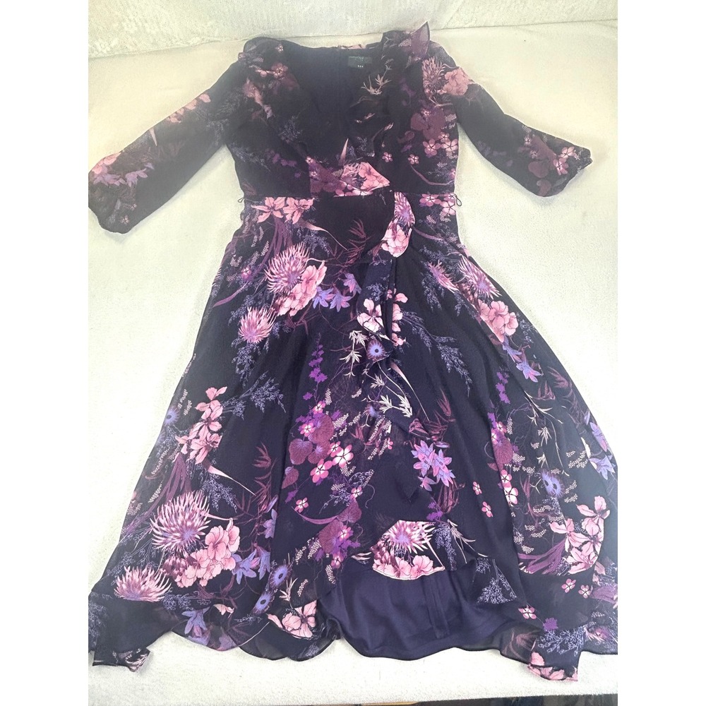 Gabby Floral Wrap Dress Women 10 Purple Ruffle High Low Garden Party Romantic